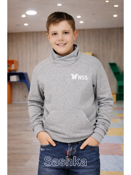 Худі для хлопчика з коміром cіре з логотипом школи NSS, розмір 116-164